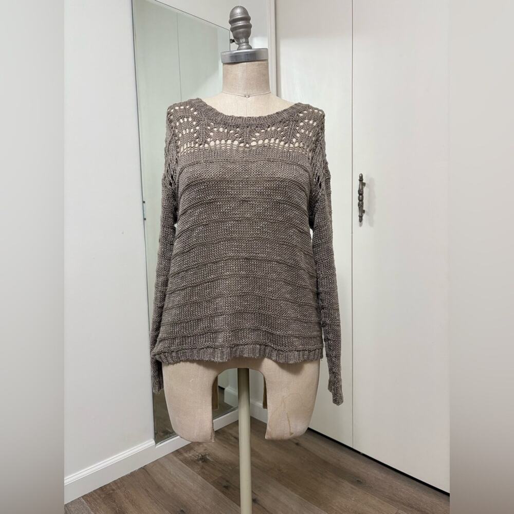 American Rag Taupe Woman's Long Sleeve Knit Top with Crochet Accents Sweater XS